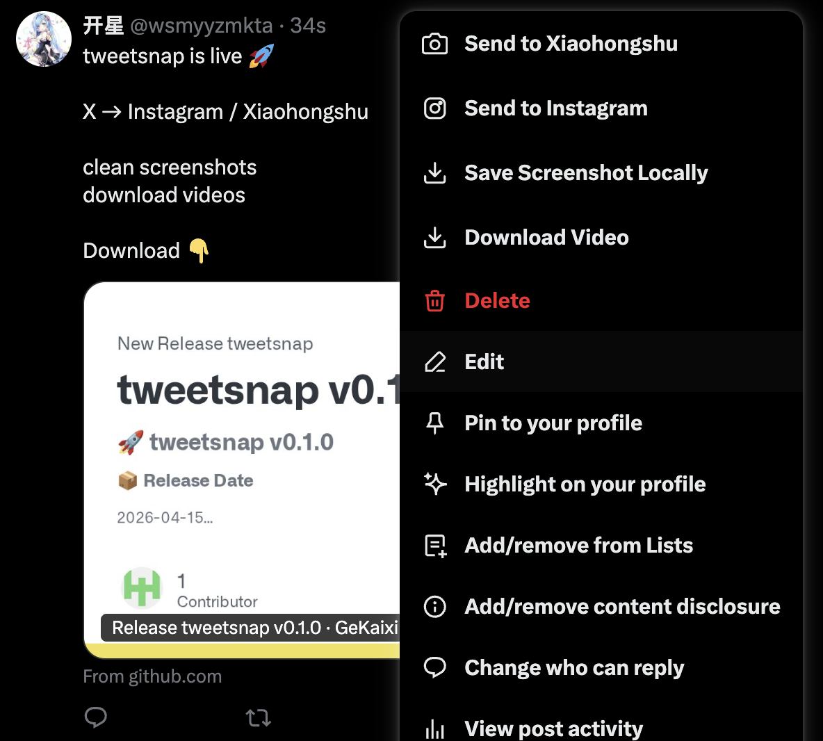 tweetsnap X menu actions