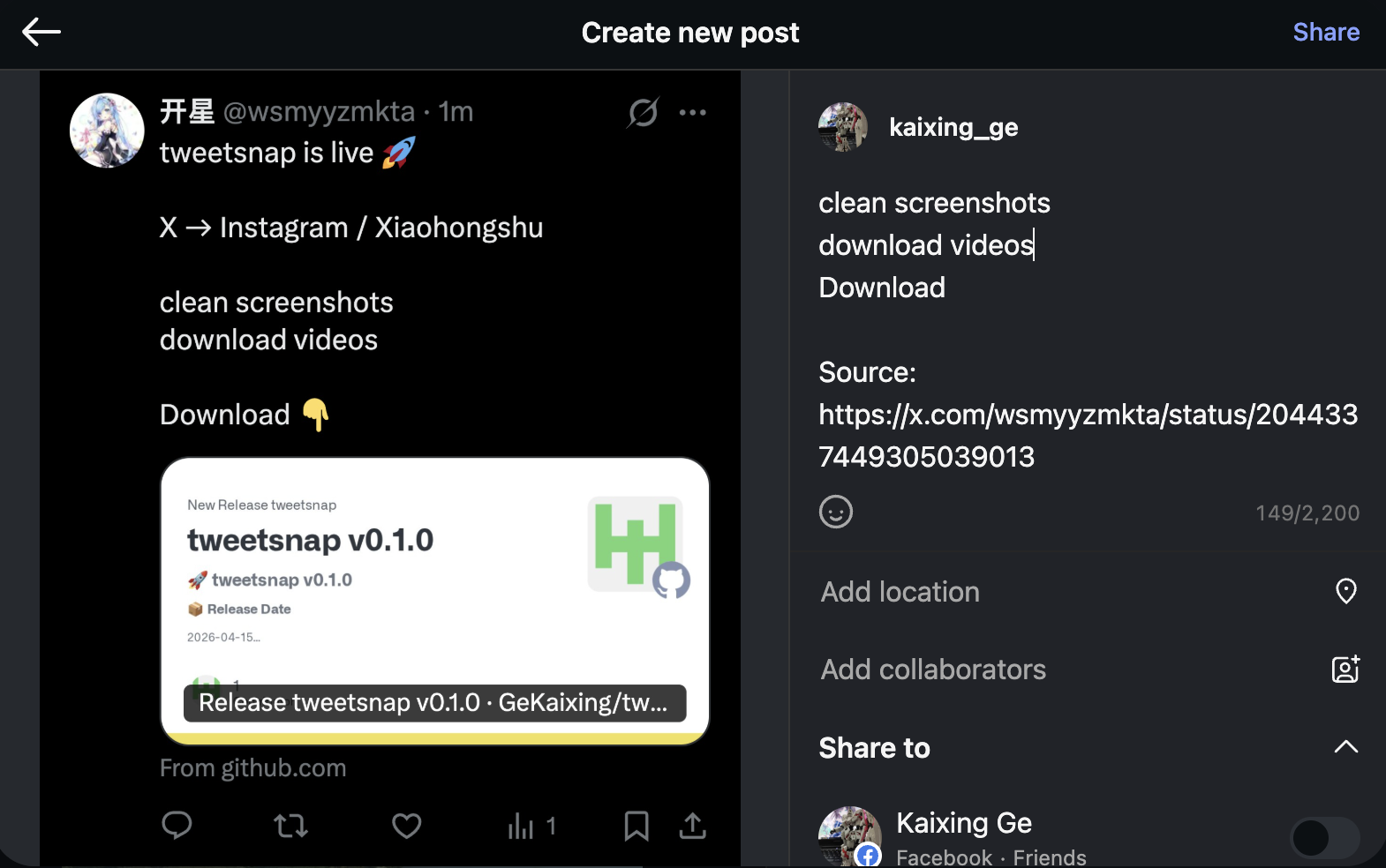tweetsnap Instagram compose result